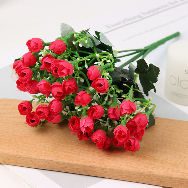 Kunstige Blomster Roseknopper Parti Gypsophila Falsk Kunstig Plante Blomsterbukett For Bryllup Hjem Fest DIY Dekor BF049-red