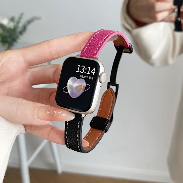 Kellon ranneke Apple Watch iWatch SE2/6/5/4 44mm:lle, nahkajäljitelmä magneettisoljella - Ruusunpunainen ja musta