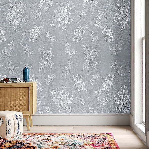 Retro Blommigt Texturerad PVC Tapetrulle Ljusgrå