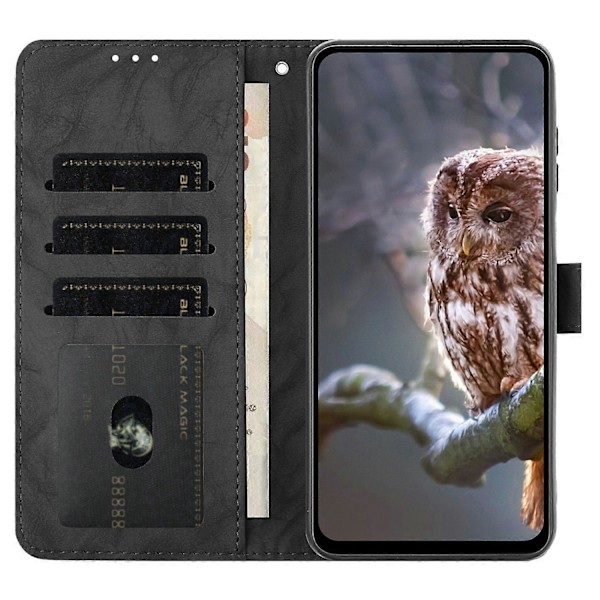 Fodral för Samsung Galaxy A16 4G 5G Uggla Präglat PU Läder Plånbok Telefonfodral med Handledsrem - Pur Black