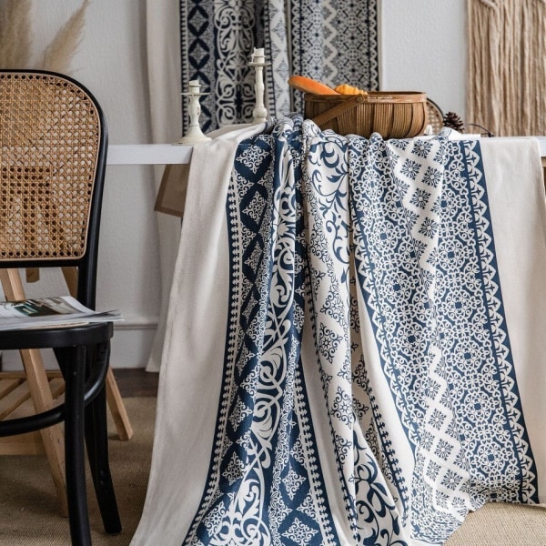 Boho Blå Gardiner Set Fönster Japansk Heminredning Bomull Linne Gardin för Vardagsrum Sovrum Kök Halvgenomsläpplig Drapering A W150xL160cm