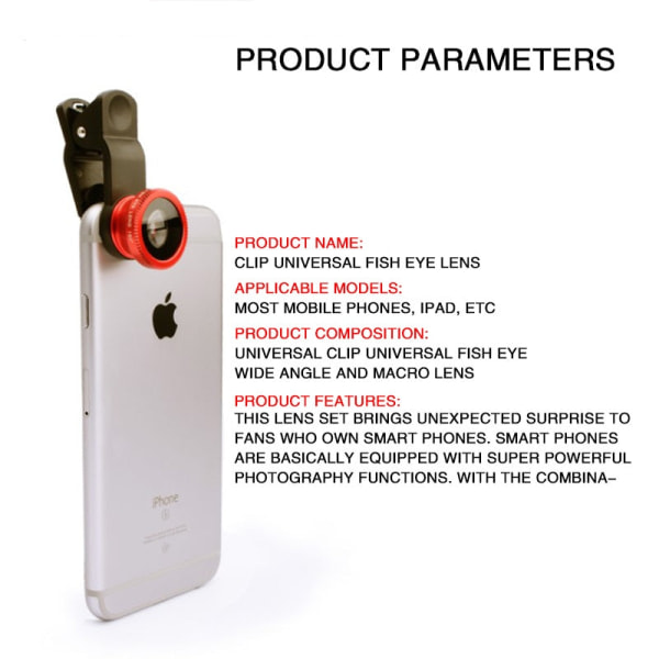 3-i-1 Fisheye Vidvinkel Mikro Kameralinse for iPhone Xiaomi Redmi 3-i-1 Zoom Fisheye-linse på Smarttelefonlinser med Telefonklips Red