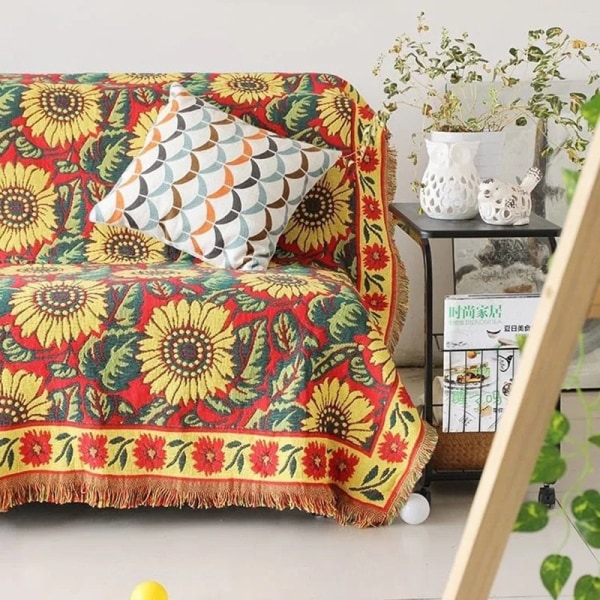 Blommig Filt Soffa Solrosmönster Resepläd För Säng Vardagsrum Tapet Matta Sofffilt Stickad Överkast deken Red sunflower 130x180 cm