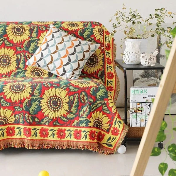 Blommig Filt Soffa Solrosmönster Resepläd För Säng Vardagsrum Tapet Matta Sofffilt Stickad Överkast deken White daisy 90x210 cm