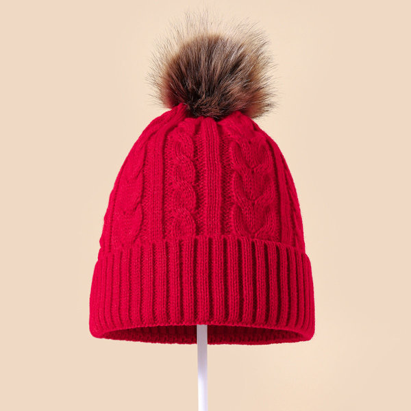 Syksyn ja talven uusi iso turkispallo villapipo, universaali yksivärinen yksikerroksinen reunus lämmin neulottu hattu naisille Bright red Average size