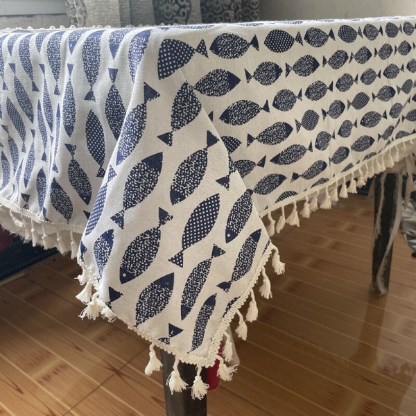 Tykkere duk i bomulls-linblanding med enkelt blått fisketrykk, japansk stil, vaskbar duk for bryllup og tebord with lace 140 X 200CM