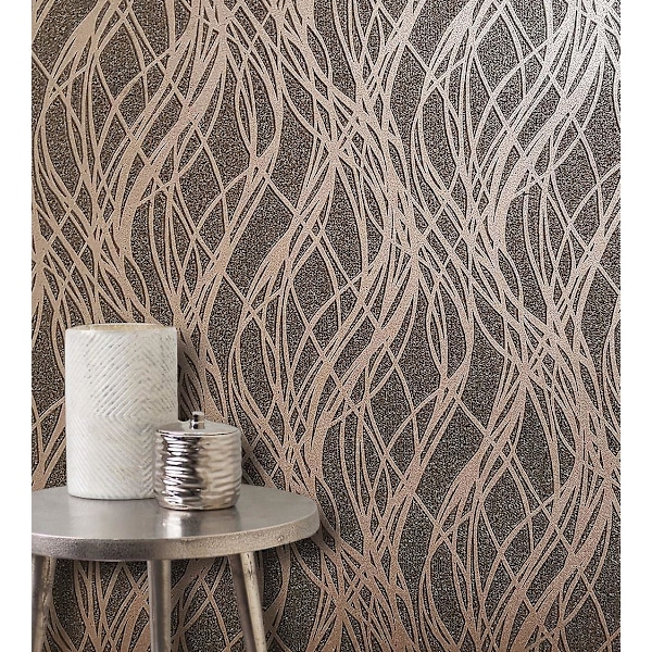 Svart Roséguld Ribbon Stripe Våg Glitter Metallisk Vinyltapet Präglad