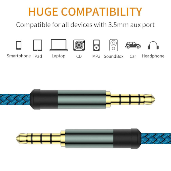 Jack 3,5 mm AUX-kabel Lydkabel 3,5 mm Jack Stik Højttalerkabel 4 Poler Nylonflettet til Hovedtelefoner Bil MP3 Ledningsforlænger han Blue 1.5m
