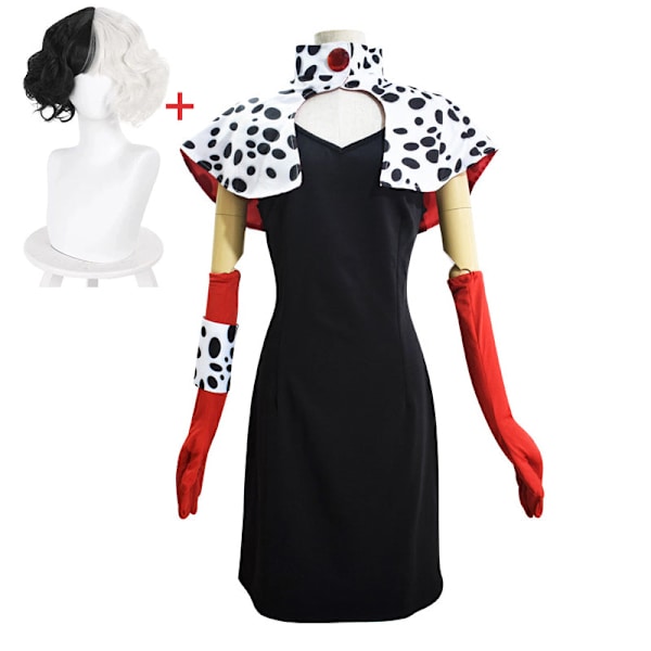 Cruella De Vil Cosplay Kostym Klänningar 101 Dalmatiner med Kappa Outfits Halloween Karneval Kostym för Kvinnor Flickor D One size