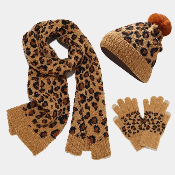 Strikket Hatt Sett Moderne Dame Leopardtrykk Varm Ullhatt Skjerf Hansker Tredelt Sett Gray