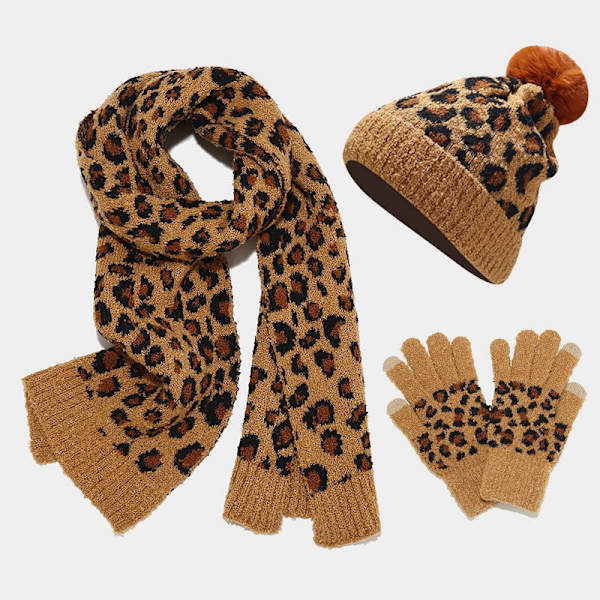 Strikket Hatt Sett Moderne Dame Leopardtrykk Varm Ullhatt Skjerf Hansker Tredelt Sett Light brown