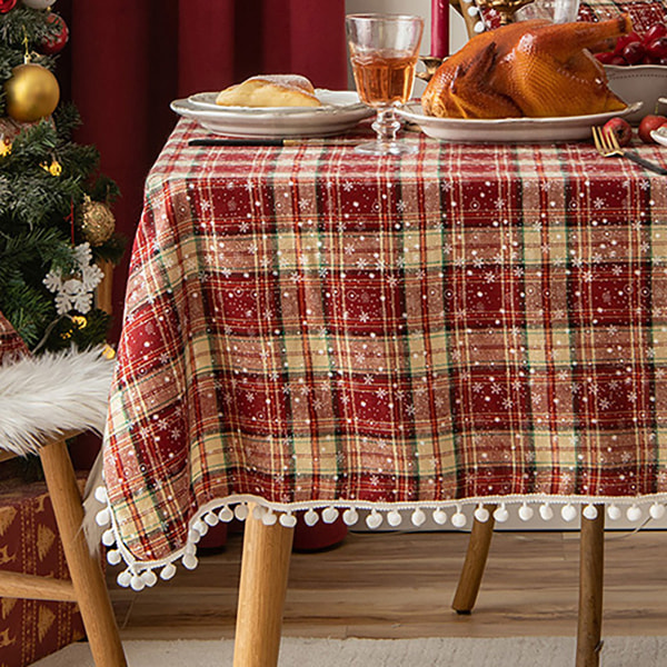 Juledug i bomuld og hør med dekorativ pelskvast-dækkeserviet til vestlig mad, snefnugdug Red Snowflake Ball Plaid 140*180cm