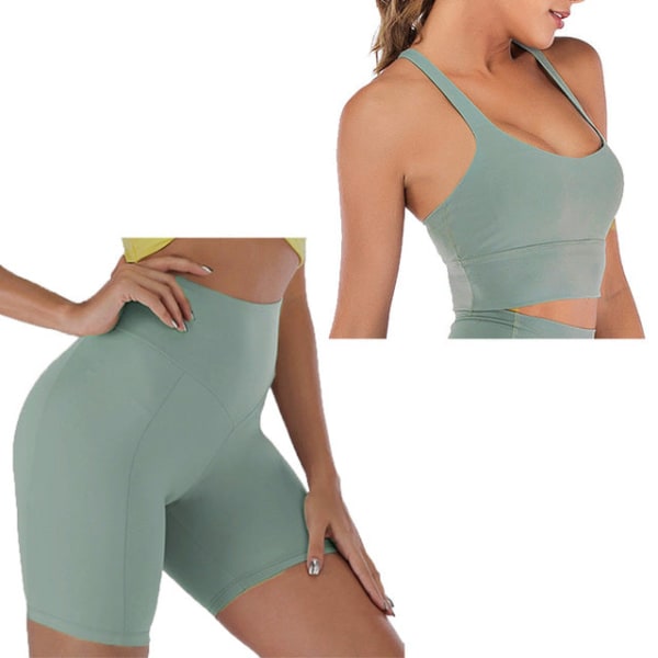 Yoga BH Shorts 2-delade Set Träningskläder Spandex för kvinnor Green Set Short M
