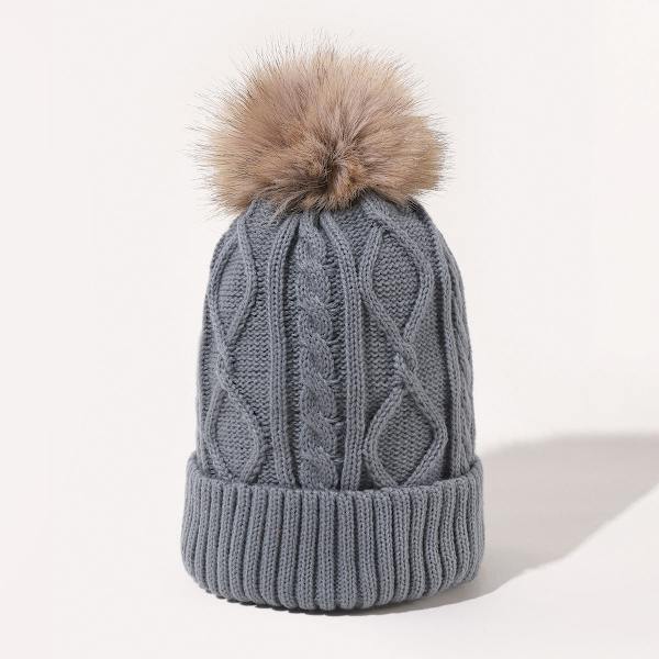 Universal Efterår og Vinter Stor Pelskugle Uldhue Diamant Snoet Ensfarvet Enkeltlags Flange Varm Strikket Hat Kvinde Light gray Average size
