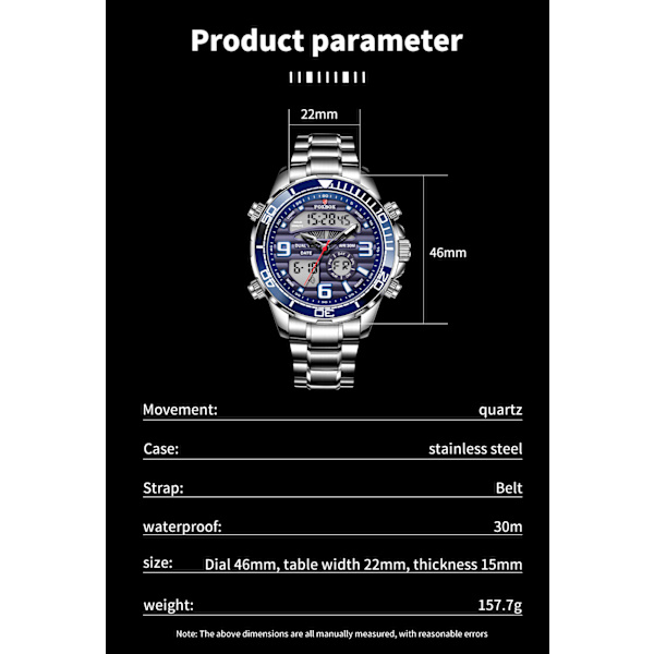 Digitala Herrklockor Topp Lyx Sport Quartz Armbandsur För Män Helt Stål Militär Vattentät Klocka+Box Blue