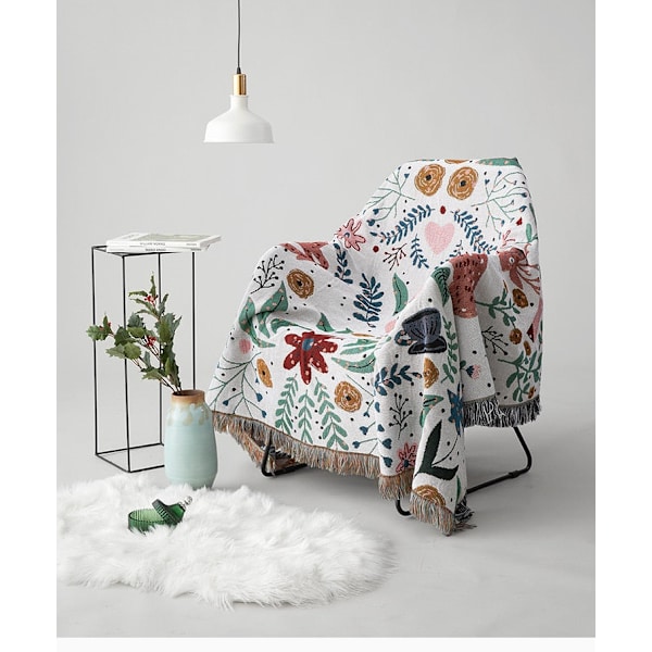 Textile City Hjortskogen Multifunktionell Vävd Jacquardfilt Växtblommor Heminredning Sofföverdrag Dubbelsidig Sängöverkast White 130x180cm