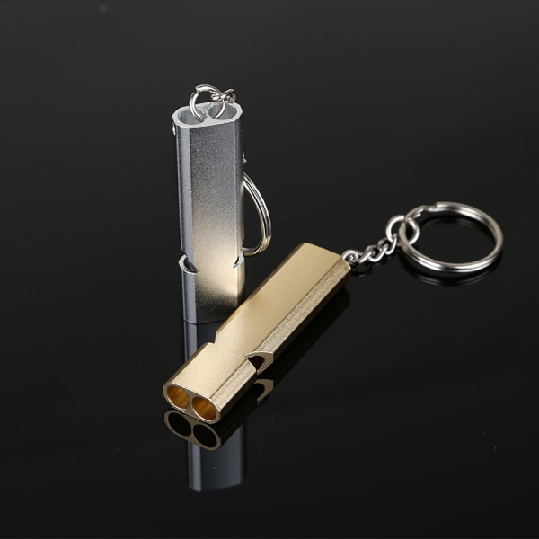 Dubbelpipig överlevnadsvisselpipa i aluminium, säkerhetsvisselpipa för utomhusbruk, portabel vandring, camping, överlevnad, nödsituation, nyckelring, multiverktyg A01-Silver Suitable