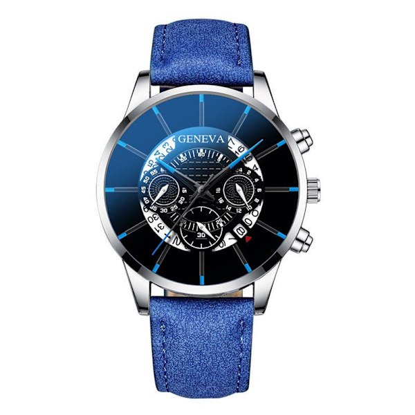 Kolmisilmäinen sinineulakello miesten kello rento vyö kvartsikello kello bisneskalenterikello miehille Black with blue needle