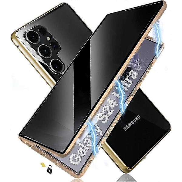 Tietosuojallinen Magneettinen Kotelo Samsung Galaxy S24 Ultra/S24 Plus/S24:lle Turvalukolla, Magneettinen Kaksisivuinen Temperoitu Lasikotelo, Tukee Langatonta Latausta Gold S24 Plus