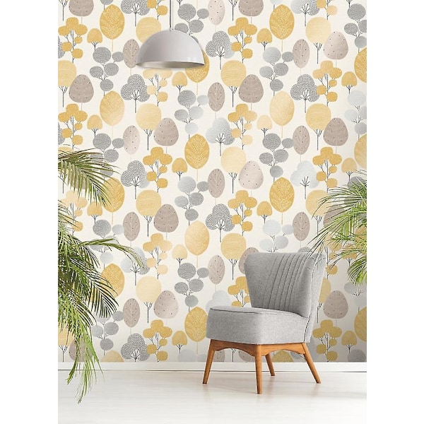 Scandi Skov Træ Metallic Tapet Skovbundsblad Gul Grå Glimmer Crown
