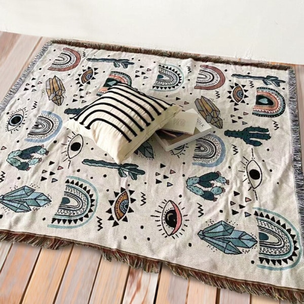 Boho Sofffilt Stickad Bomull Sofföverdrag Demonöga Viktad Tapet Bohemisk Tofs Boho Väggdeko Picknickfilt Filtar L 130x160cm
