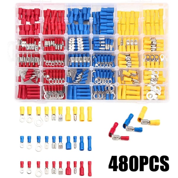 480 kpl valikoituja litteitä liittimiä, eristetty kaapelikytkin, sähköjohdon puristusliitin, rengas, haarukka, sarja, rengaskorvakkeet, valssattu sarja + pihdit As photo HSC8 6-4A