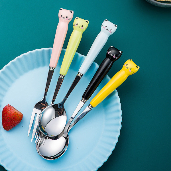 Keramisk Servisesett i Rustfritt Stål Tegneserie Barnas Servise Student Reise Bærbart Servise Blue three-piece set