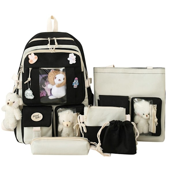 5 stk. Sett Ryggsekker for Studenter Kawaii Lappeteppe Videregående Skole Ryggsekk Stor Kapasitet Skolevesker for Jenter Håndveske Blyantveske Black1