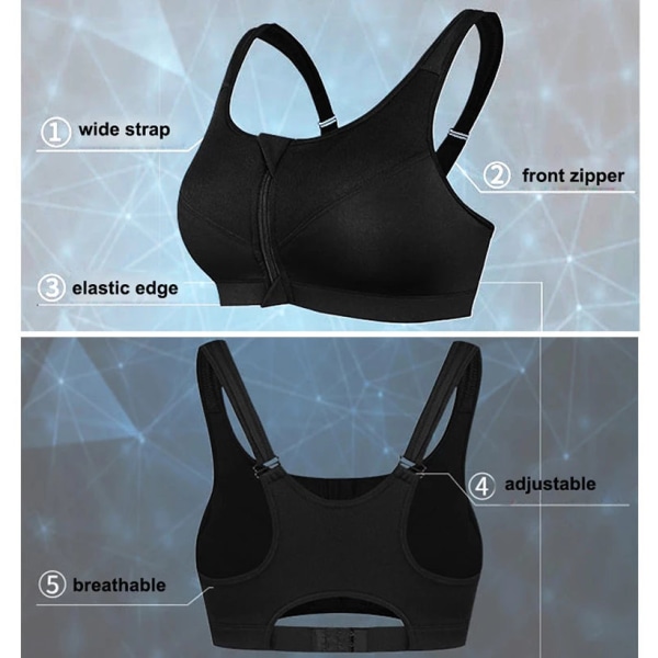 Yoga BH Kvinnor Stötsäker Gym Tröja Sport-BH Dragkedja Fram Stor Dam Push Up Behå Sportkläder Grey XXXXL