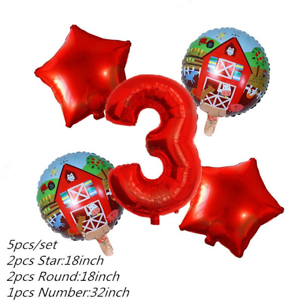 1 Set Folieballonger med Djurtema från Bondgården, Uppblåsbara, Grattis på Födelsedagen, Partydekoration, Barnfödelsedagstallrik, Mugg, Servett, Banner, Omslag 5pcs number 3 set