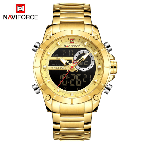 Herr Militär Sport Armbandsur Guld Quartz Stål Vattentät Dubbel Display Herrklockor Relogio Masculino RGBEBE