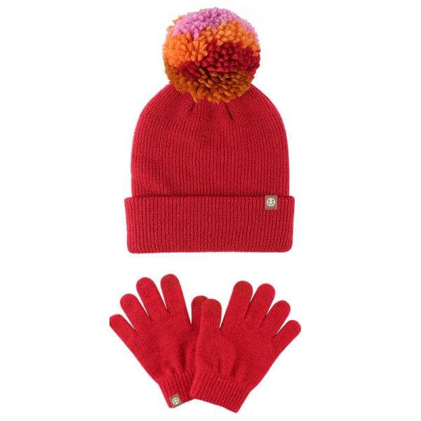 Handskar tvådelat set vintervärmehållande och köldsäkra pekskärmshandskar stickad mössa tvådelad kostym Red [fur ball hat gloves]]