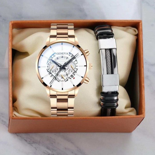 Trendig Business Utmärkt Elegant stålbälte kvarts watch och armband Set Rose gold White