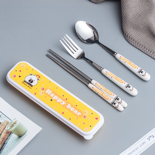 Luova tyyli lasten keraaminen ruostumattomasta teräksestä valmistettu astiastosetti sarjakuva syömäpuikot lusikka haarukka kannettava astiasto kolmiosainen setti Kitty three-piece set