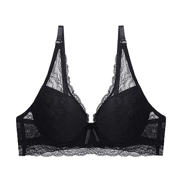 Blommig Spetsöverdrag Bomullsfodrad BH Sexig Bh Push Up Underkläder Kvinnor Transparenta Behåar Dam BH Black 32C