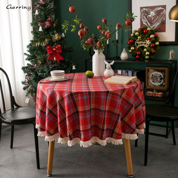Gerring Juledug til sofabord, garnfarvet plaid, bryllupsdug, amerikansk rund dug med kvaster til fest Red Round 120cm