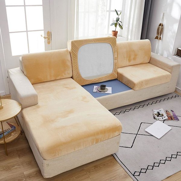 1/2/3-sits Enfärgad Tjock Sammet Stretch Soffskydd Sofföverdrag Sittdyna Beige 2 Seater