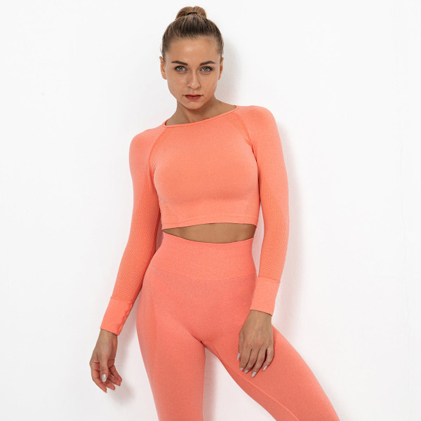 Europæisk og amerikansk sømløs strikket sexet ensfarvet langærmet top yogatøj sports løbe fitness åndbar T-shirt til kvinder 9165 long sleeve-fresh orange L
