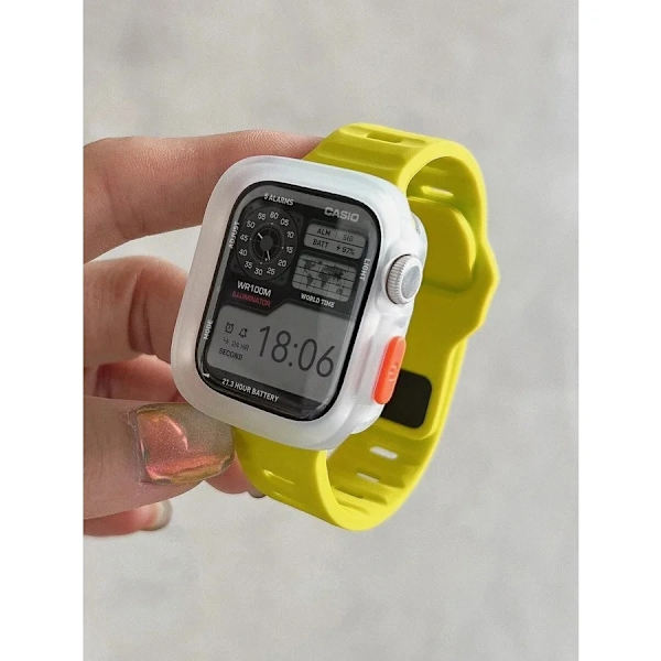 Kellon ranneke Apple Watch iWatch 40/41mm fluoresoiva vihreä silikonihihna + läpinäkyvä kotelo