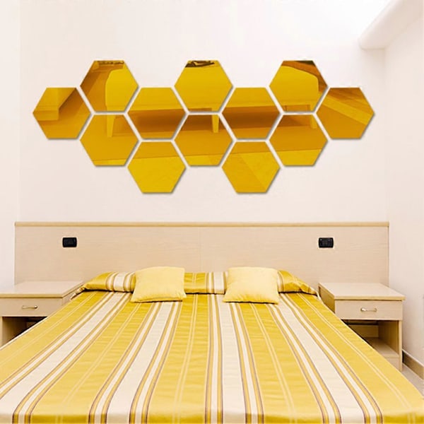 12 st Hexagon 3D Konst Spegel Väggdekaler Hem DIY Dekoration Vardagsrum Dekal Gyllene L Golden L