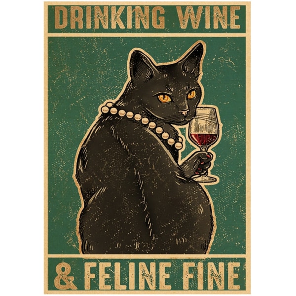 Söt tecknad svart katt Kraftpapperaffischaffischer Väggkonstmålning Heminredningsbilder Vintage Roliga Husdjur Väggdekaler 42X30cm 74760