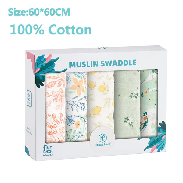 HappyFlute 5st/ set Muslin Swaddle Matning Burp Duk Nyfödd Mjuk bomull Baby 60*60cm KB010-15