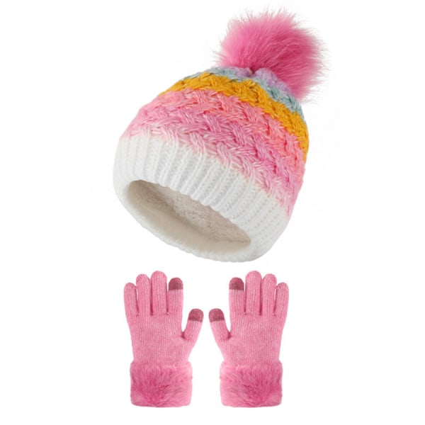 Stickad ullbollsmössa och handskar Tvådelad kostym Färggradient plus Sammet Varm mössa Tvådelad kostym Rainbow [hat gloves two-piece set]]