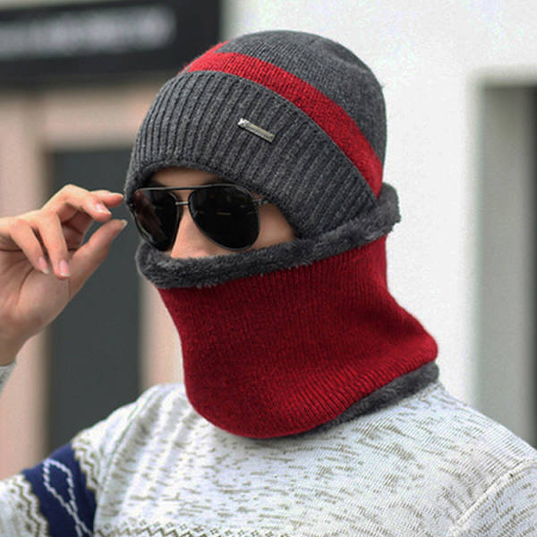 Vinter Fleecefodrad Förtjockad Geometrisk Stickad Varm Pullover Mössa Cykling Trend Halsduk Tvådelad Set Ullhatt för Män Wine Red