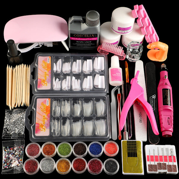 Akrylpulver Set Nagel Torklampa Nagelborr Glitter Allt För Manikyr Maskin Verktyg Borste Professionell Nagelkit Naglar Set A