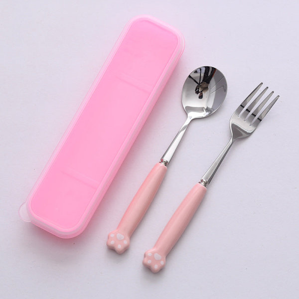 Kissankäpälä Astiasto Keraaminen Ruostumaton Teräs Astiasto Syömäpuikot Lusikka Haarukka Kannettava Astiasto Pink cat's paw spoon Fork