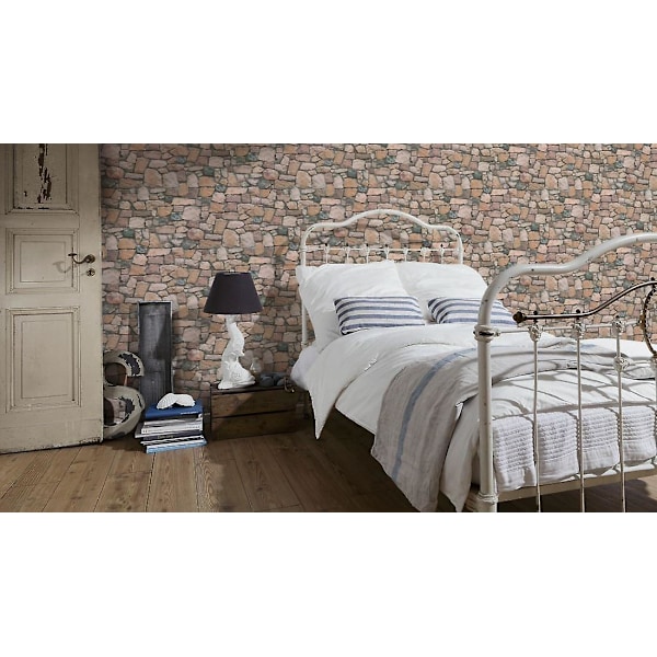 Tapet med stenmotiv, tegelstenseffekt, skiffer, rustik, väderbiten, präglad, beige, grå