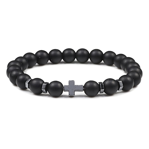 Rukous Miehet Luonnonkivi Puuhelmet Ruusukko Hematiitti Risti Rannekorut Onyx Meditaatio Rannekoru Naiset Jooga Korut Homme Pulsera Black Matte 19cm