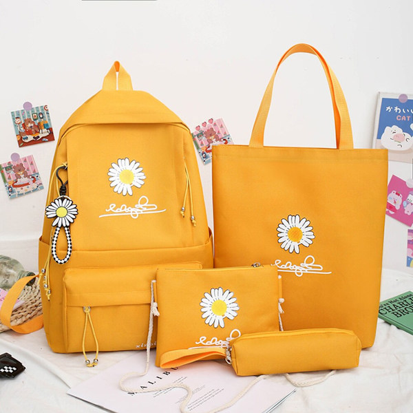 4 stk./sett Dame Skolesekker Skolesekk Tusenfryd Canvas For Tenåringsjenter Student Bokveske Gutter Skulderveske Bolsas Mochilas Sac Ny A Yellow backpacks