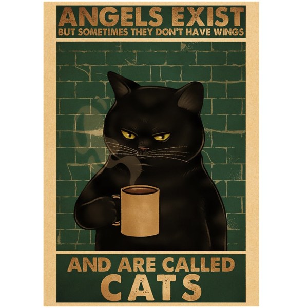 Söt tecknad svart katt Kraftpapperaffischaffischer Väggkonstmålning Heminredningsbilder Vintage Roliga Husdjur Väggdekaler 42X30cm 74763